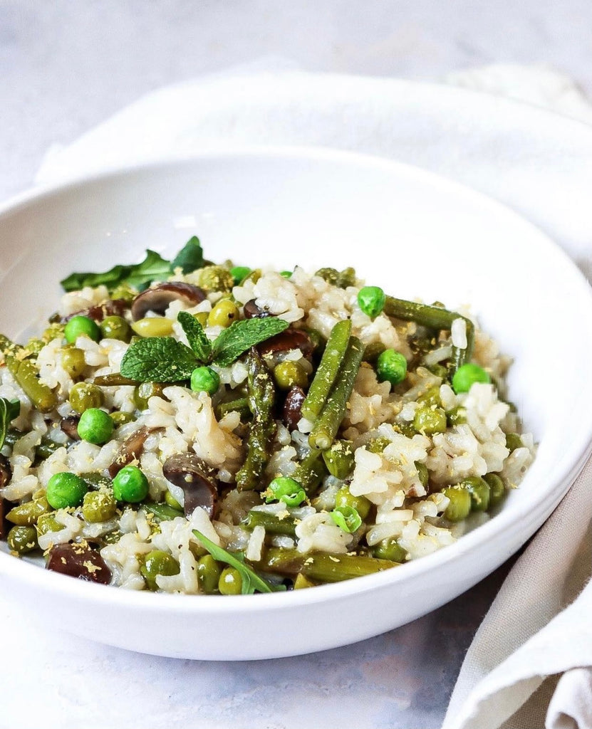 Creamy Pea, Mushroom and Asparagus Risotto with a White Wine Sauce