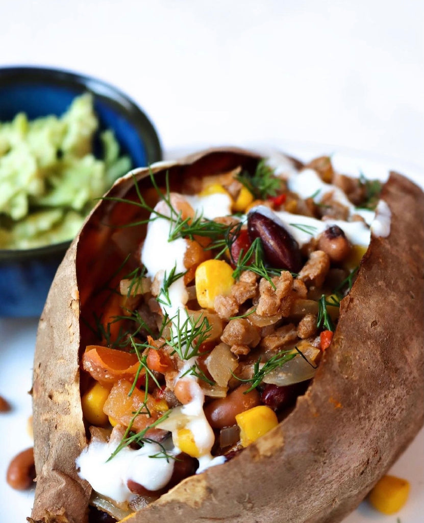 Chili Stuffed Sweet Potato with a Garlic Yogurt Dip